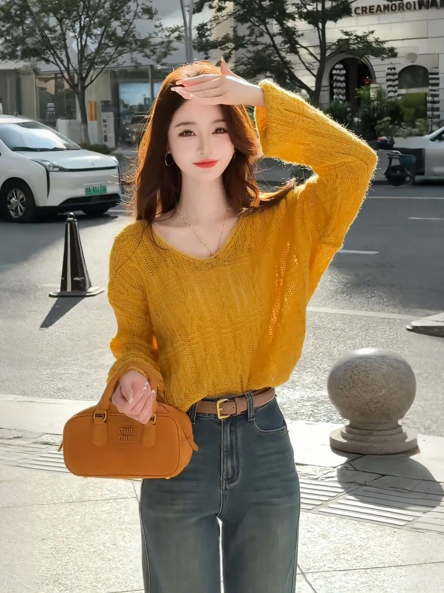 

Оранжевый свитер с V-образным вырезом для женщин, осенне-зимняя корейская одежда в стиле Aosphere, вязаный топ, уютный повседневный стиль Fufu Leisure Fas