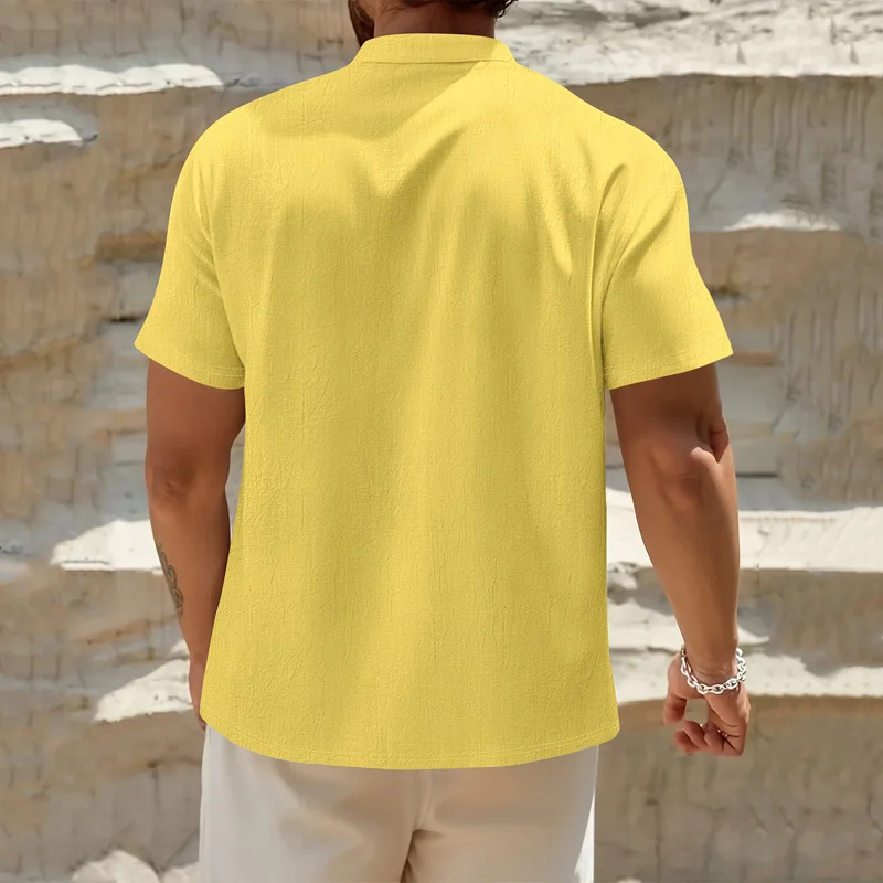 Men's Cotton Linen Henley Shirt Short Sleeve Band Collar Button Chest Pocket Casual Breathable Summer Beach Vacation Daily Tee view 3