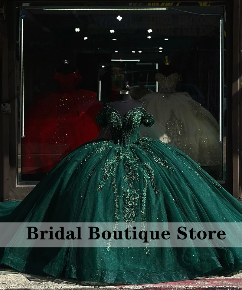 Princess Emerald Green Off Shoulder Ball Gown Quinceanera Dresses Straps Beads Crystals Birthday Party Flowers Sweet 16 Dress