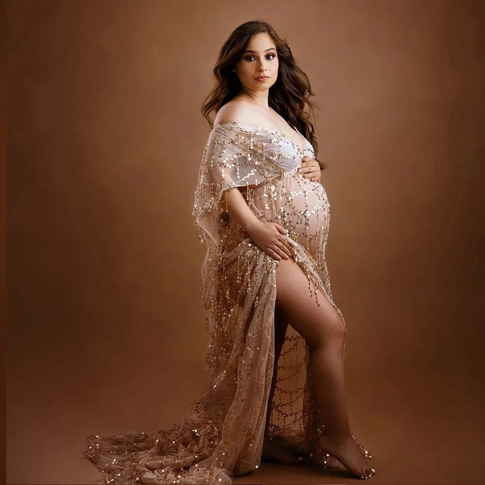 

Maternity Boho Tulle Dresses Photography Props V-neck Tassels Sequins Free Size Adjustable Sexy Pregnancy Photo Shoot Long Dress