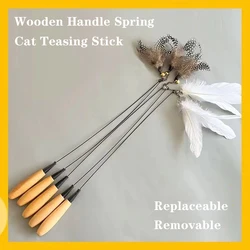 Cat Teaser Stick Toys With Wooden Handle Spring Cat Wand Interactive Feather Toy Replaceable Training Kitten For Cats Supplies