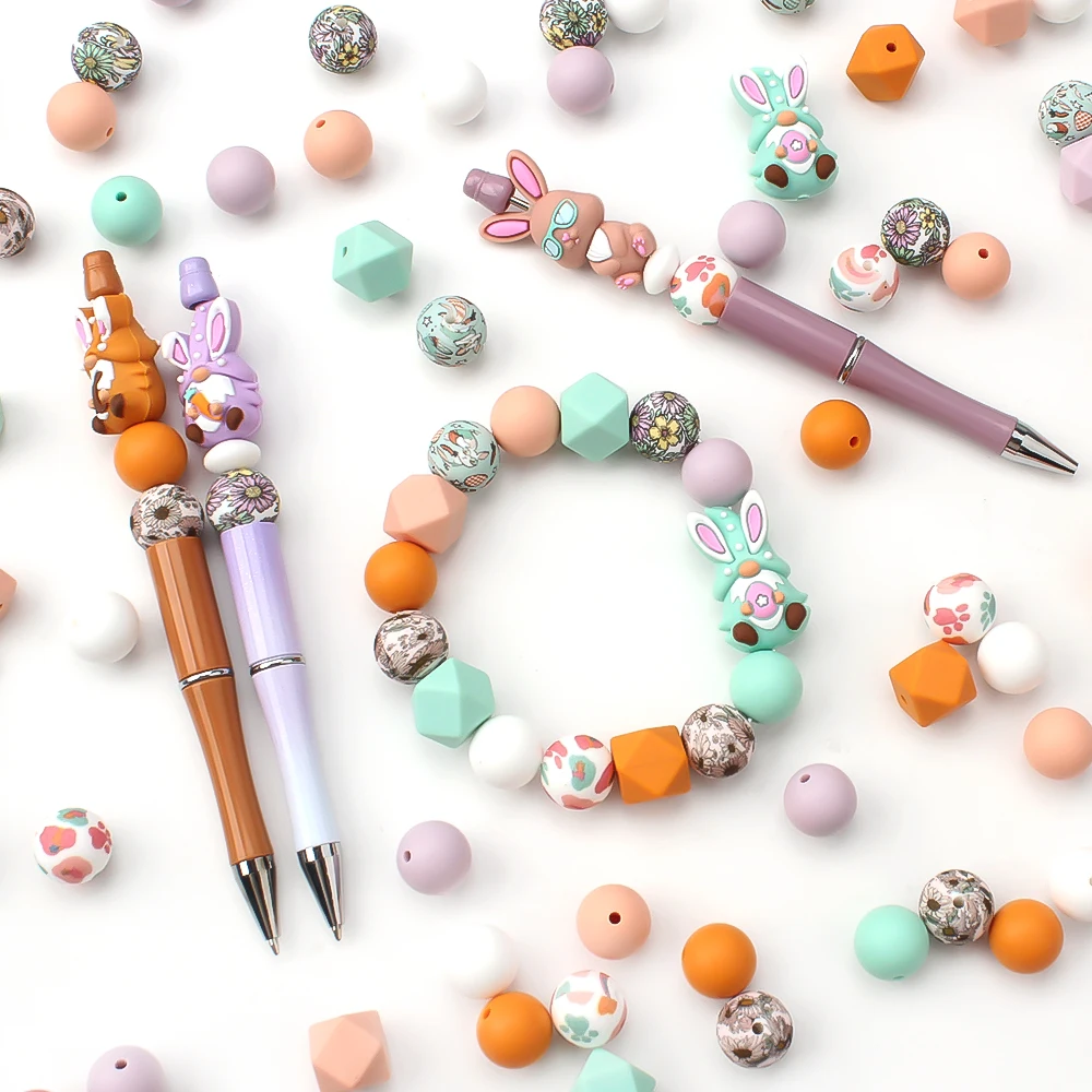 3D Silicone Beads Set Easter Bunny Eggs Focal Beads for Pen Making Jewelry Necklace DIY KeyChain Accessory Decorative Beads