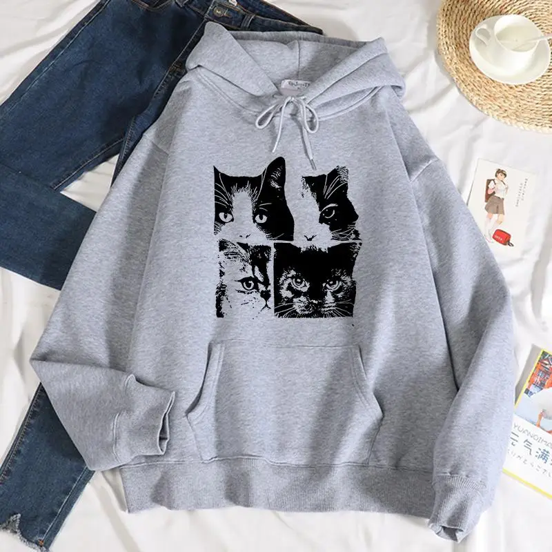 

Autumn Winter Womans Hoodies Vintage Cat Cute Printing Sweatshirts Warm Fleece Soft Comfortable Pullovers Fashion Sportswear