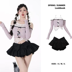 Coreano Sexy Hot Girl estate due pezzi set gonna donna 2023 Vintage pizzo Splicing manica lunga Crop Top y2k vestito da partito Casual