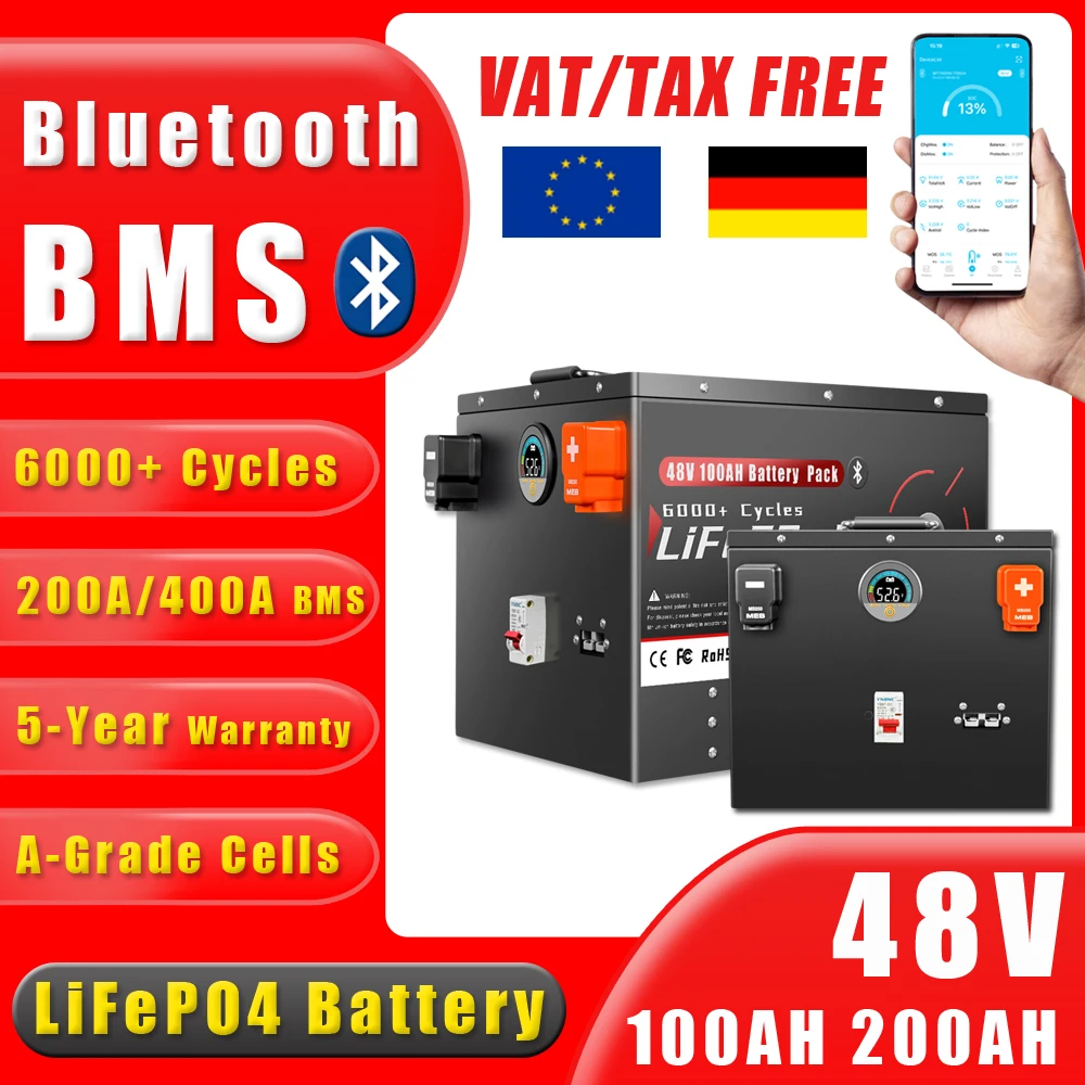 

48V 50Ah 100Ah 200Ah LiFePO4 Battery Pack Bluetooth BMS Grade A 6000+ Deep Cycle For Solar Home Storage RV Boat Inverters PV