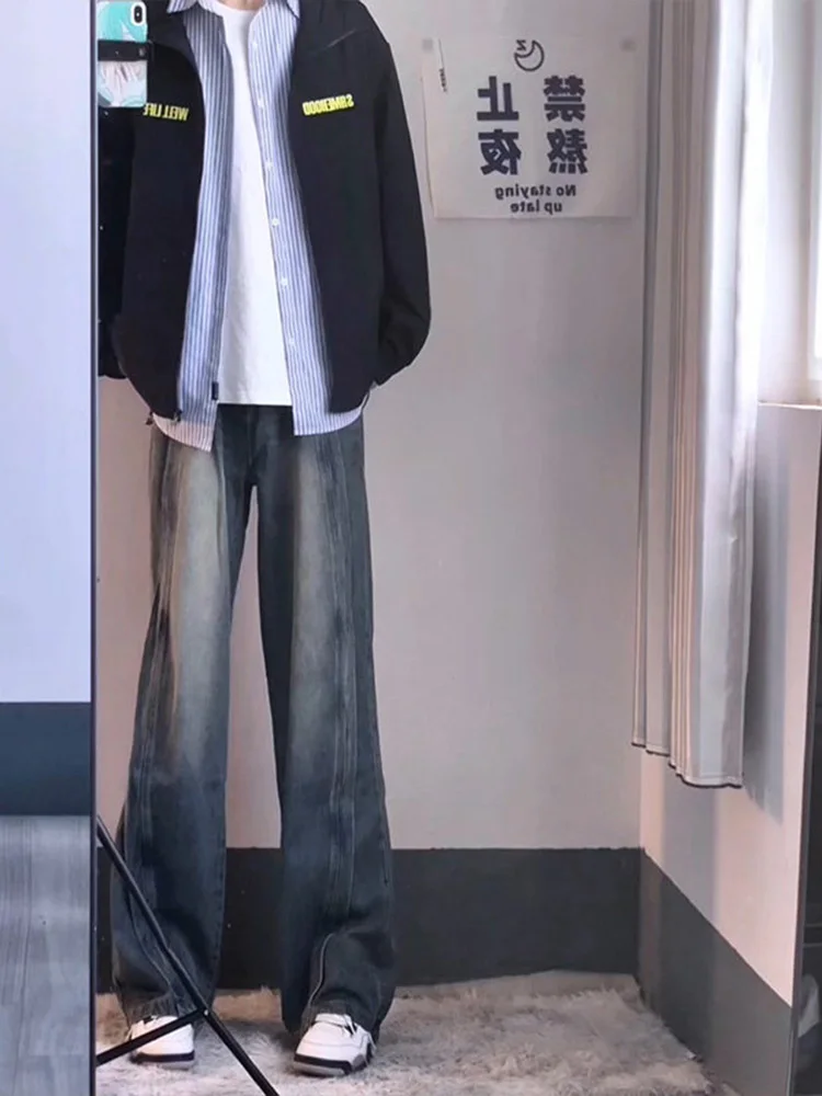 

Мужские джинсы с высокой талией и широкими штанинами в стиле ретро-пэчворк, американские прямые узкие брюки-бананы в уличном стиле