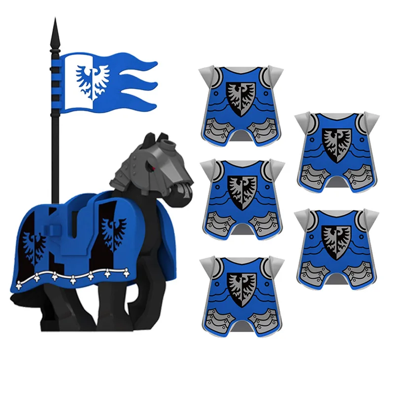 Medieval Red Lion Black Eagle Castle Soldier Knight MOC Building Blocks Horse Mount Figure Vest Shield Armor Flag Toy Gifts B037