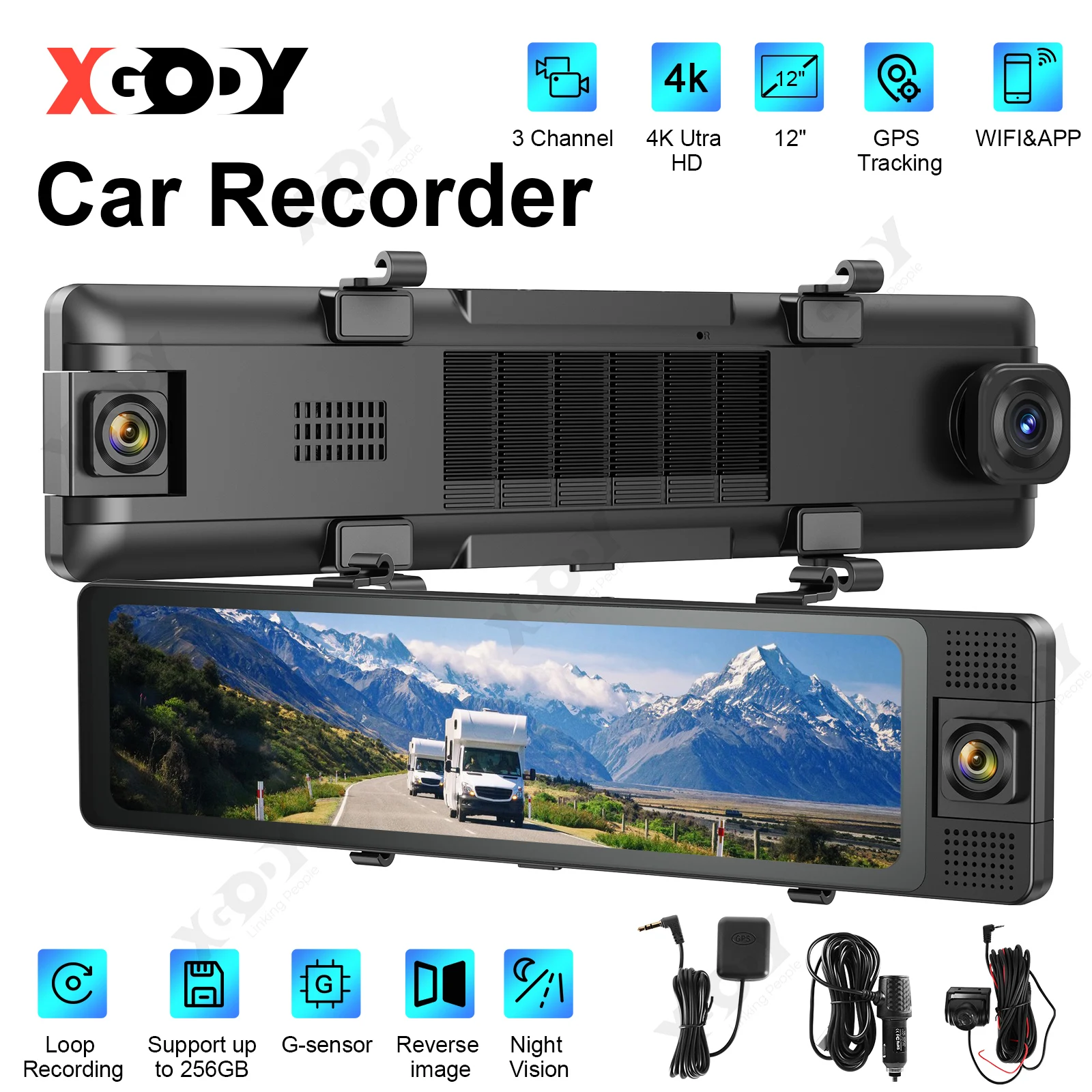 XGODY 4K 11.26 Inch Dash Cam Front&Rear&Inside Touch Screen Night Vision WiFi GPS 3-Channel Mirror