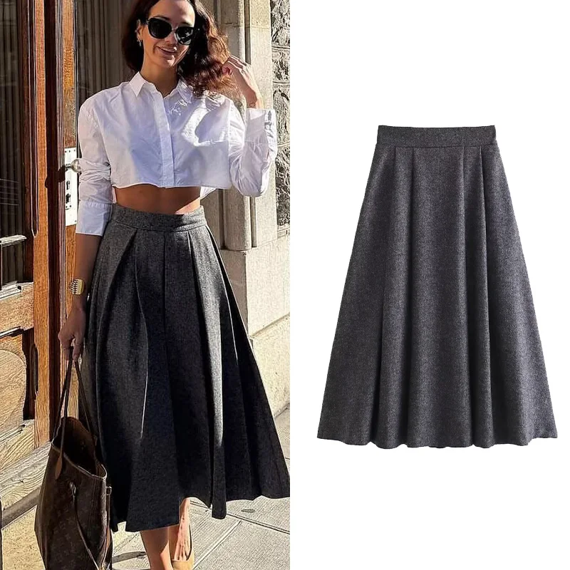 

HipSeam женская смешанная юбка, осенняя женская плиссированная юбка с высокой талией, повседневные женские свободные юбки, женские юбки на молнии сзади