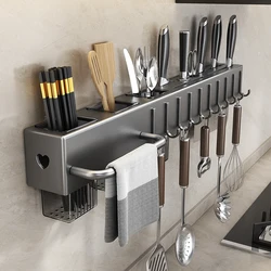 Organizador de cocina montado en la pared, soporte de almacenamiento multifuncional, extraíble, de acero al carbono, con múltiples soportes y ganchos