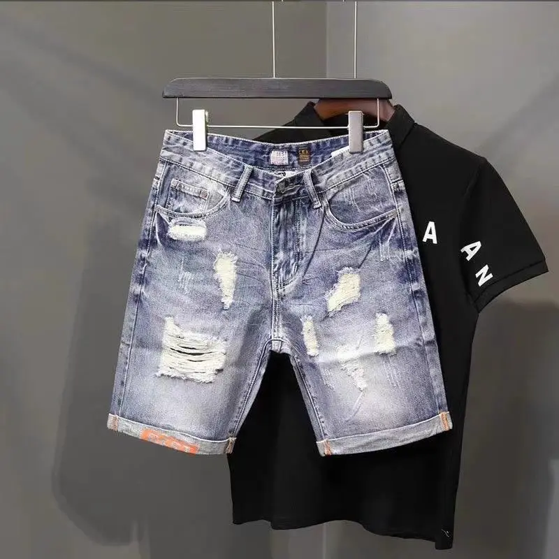 

Men's Jeans Shorts 2025 Summer Ripped Denim Shorts Men's Korean Slim Straight Trendy Five-point Pants Ripped Blue Half Pants