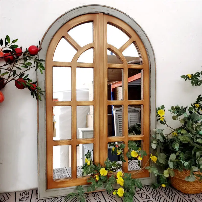 New 2025 Vintage Wall Decoration Wood Mirror False Window Wall Decoration Simulated Moroccan Window Dropshipping