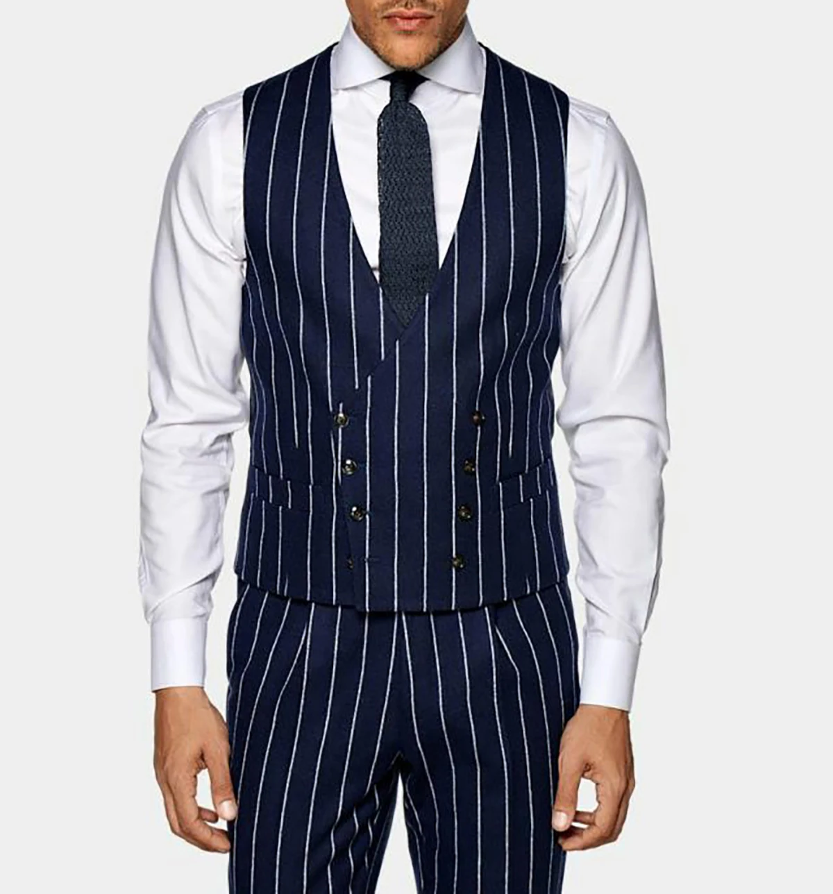 Navy Blue Men Suits 3 Pieces Blazer Vest Pants Single Breasted Business Peaked Lapel Pinstripes Wedding Groom Tailored Plus Size