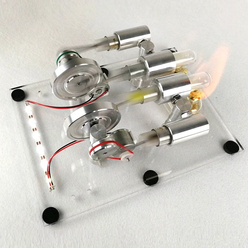 Modelo de motor Stirling, motor de doble cilindro de metal de alta potencia con generador LED, experimento científico