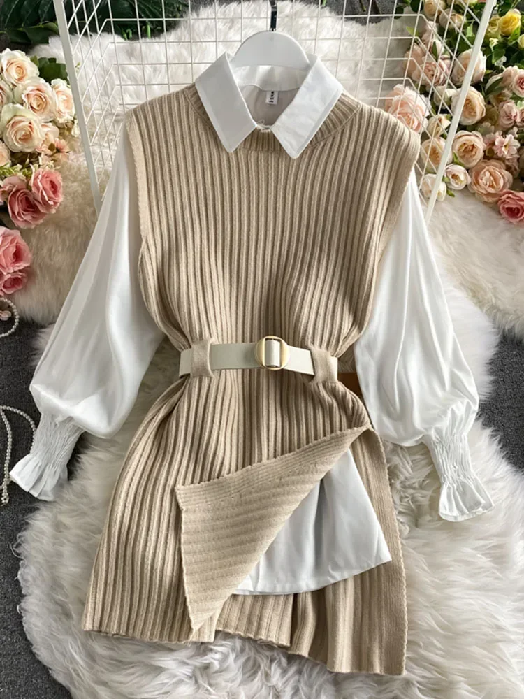 Spring Autumn Women\'s Lantern Sleeve Shirt Knitted Vest Two Piece Sets of College Style Waistband Vest Two Sets Top UK900