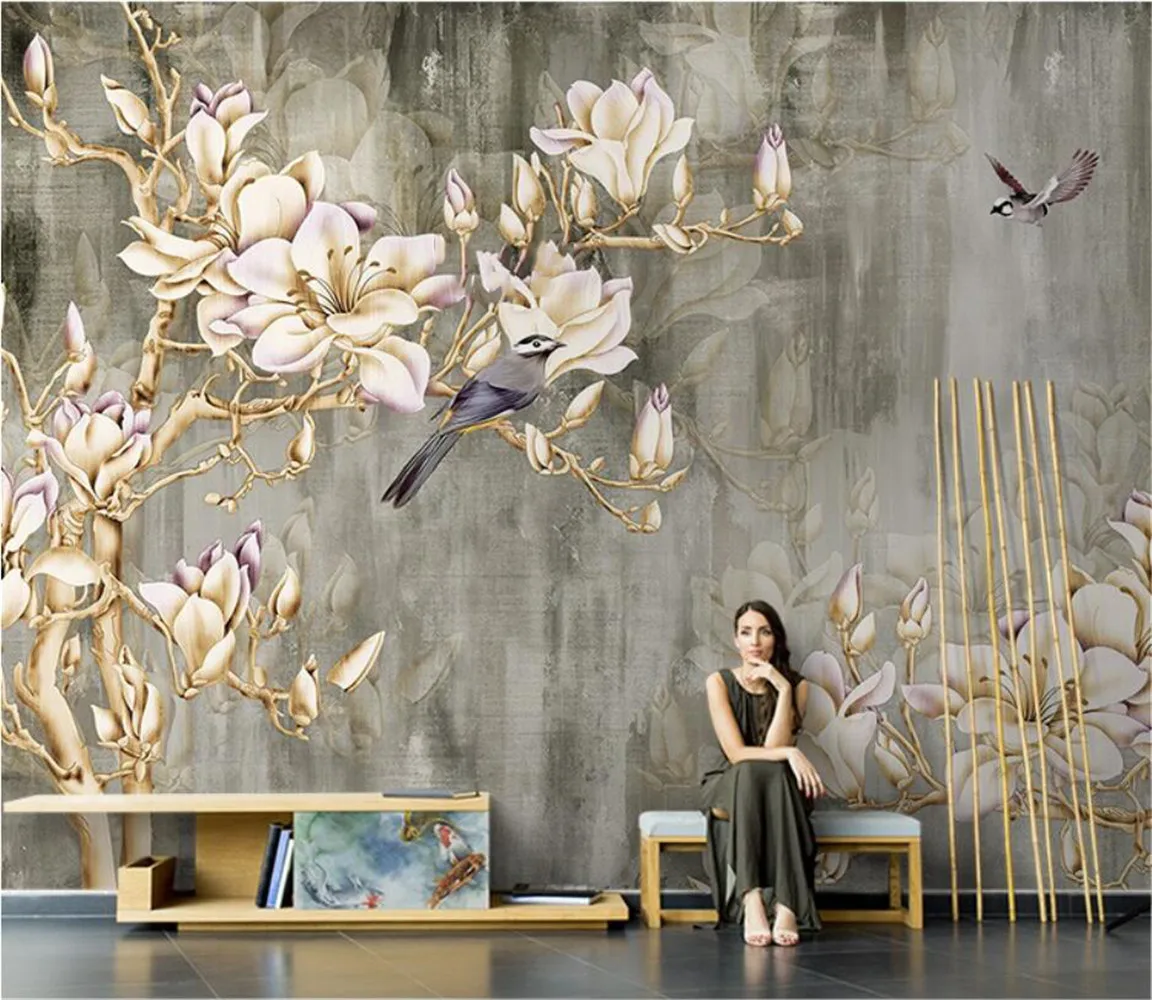 American style garden flowers Magnolia wall paper living room sofa TV background 3d wallpaper flowers and birds custom mural