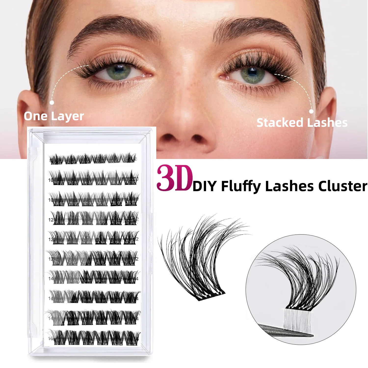 3D 셀프 접착식 클러스터 속눈썹, 접착제 필요 없는 DIY 개별 속눈썹 연장, 자연스럽고 부드러운 속눈썹, 접착제 불필요, 분할형 속눈썹