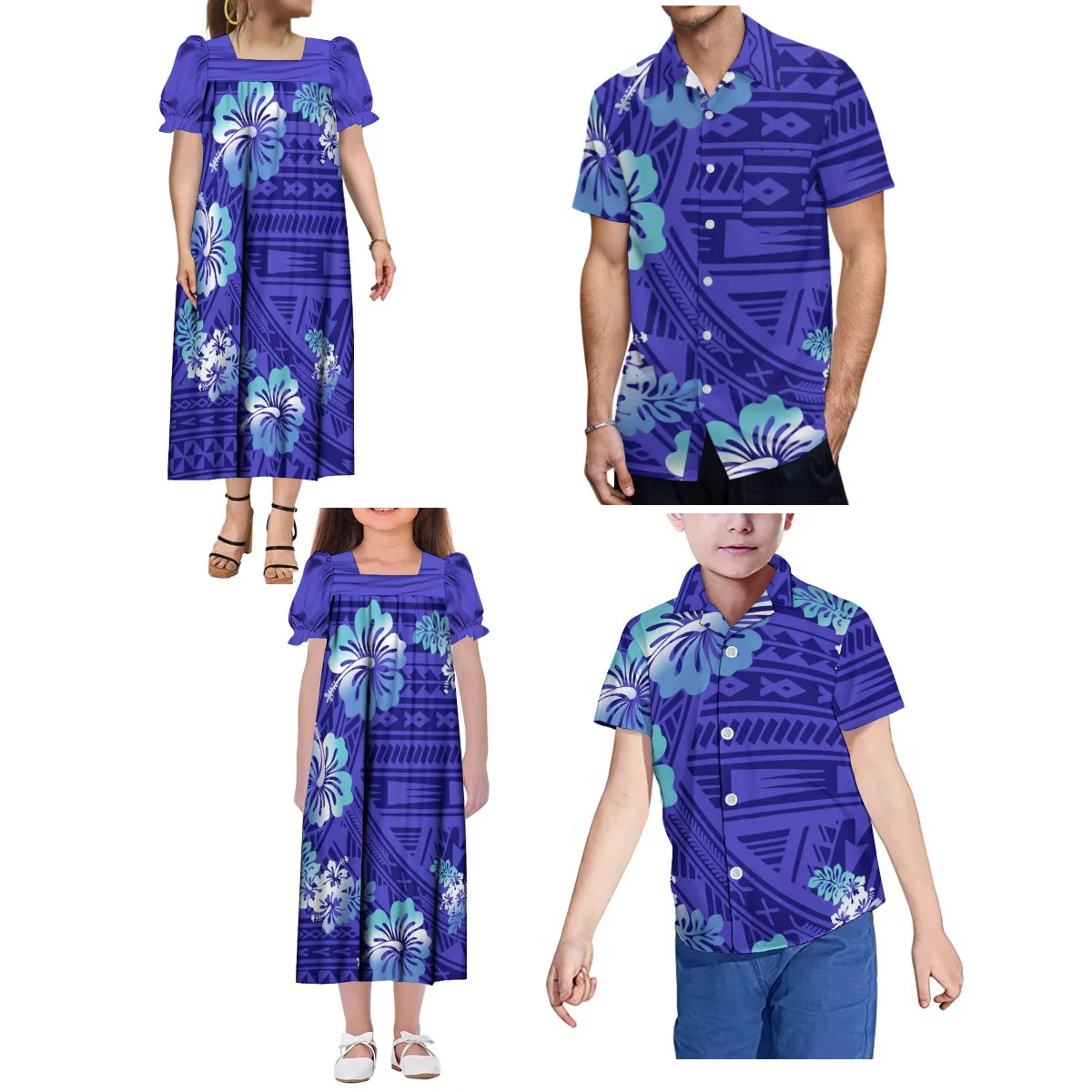 

Fashionable Island Style Hawaiian Men'S Shirt With Mumu Women'S Dress Ball Maxi Polynesian Island Custom Art Print Family Suit