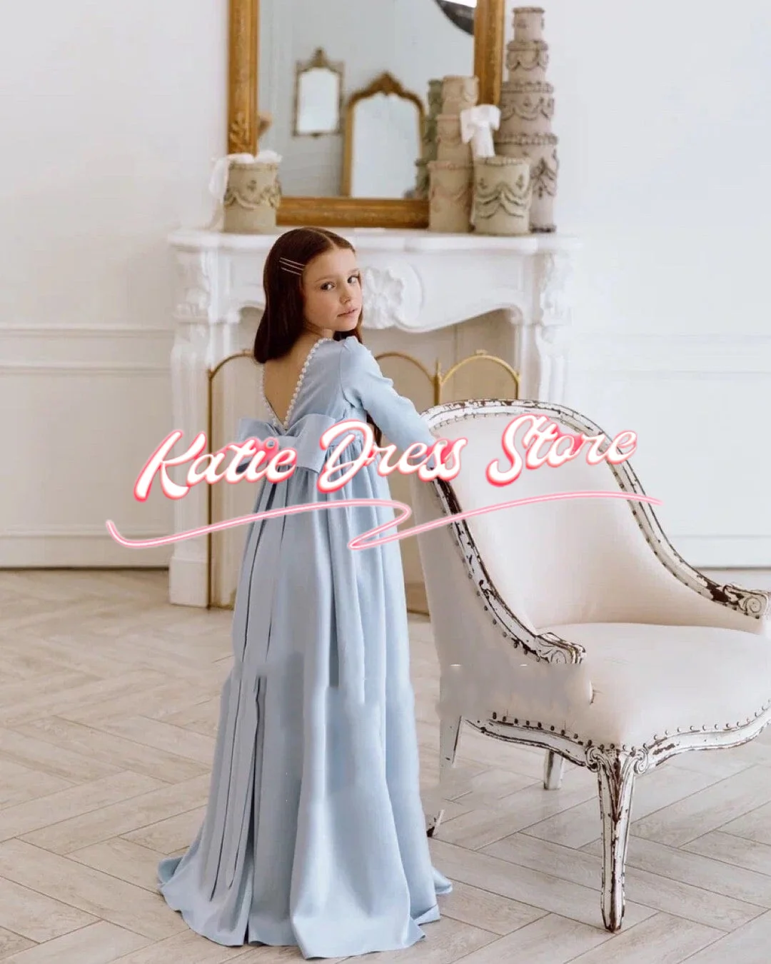 Vestido floral azul céu personalizado para casamento, cetim, pérolas inchadas, arco, festa de aniversário infantil, primeira comunhão, vestidos de baile