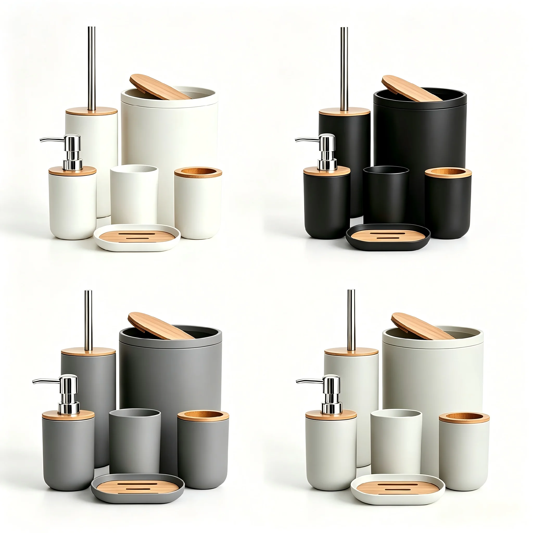 

6Pcs Bamboo Accent Bathroom Accessories Set Soap Dispenser Toilet Brush Trash Can Bathroom Cleaning and Toiletries Storage Decor