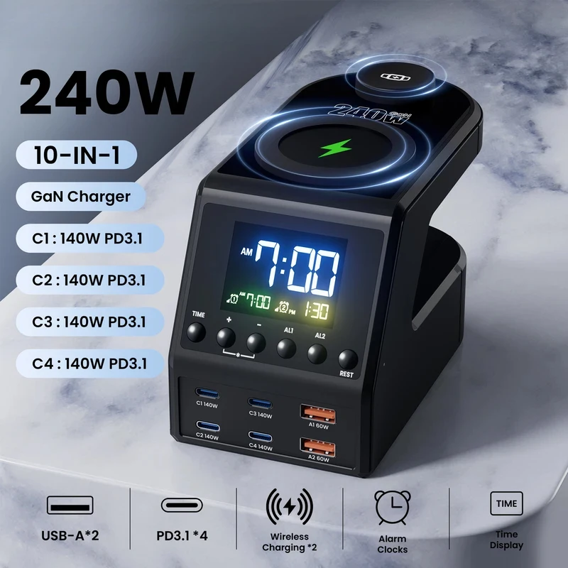 

New 240W Gan Charger Station 4×140W PD3.1 USB Type C Wireless Fast Charger for MacBook iPad Samsung Alarm Clock Time Display