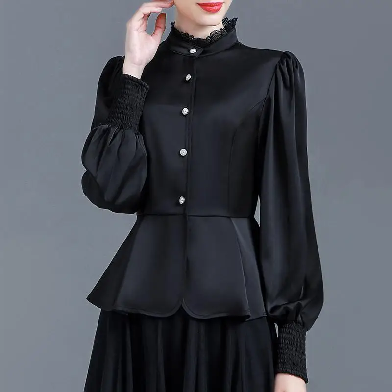 Simplicity Fashion Autumn New Shirts Women Solid Satin Face Stand Collar Ruffles Button Temperament Corset Lantern Sleeve Tops