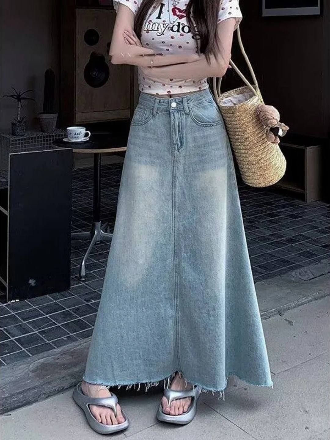 American Retro Denim Skirt High Waist A-Line Midi Skirt Faded Effect Wide Hemline Casual Cotton Blend Non-Elastic Fabric