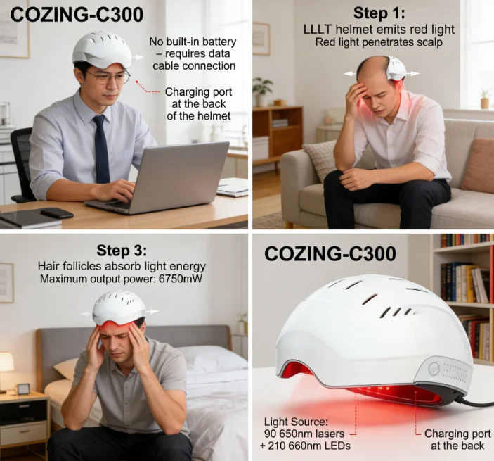 

Лазерный шлем от выпадения волос COZING-C300 с 90 светодиодами 650 нм и 210 светодиодами 660 нм для терапии переднего и бокового истончения волос на коже головы