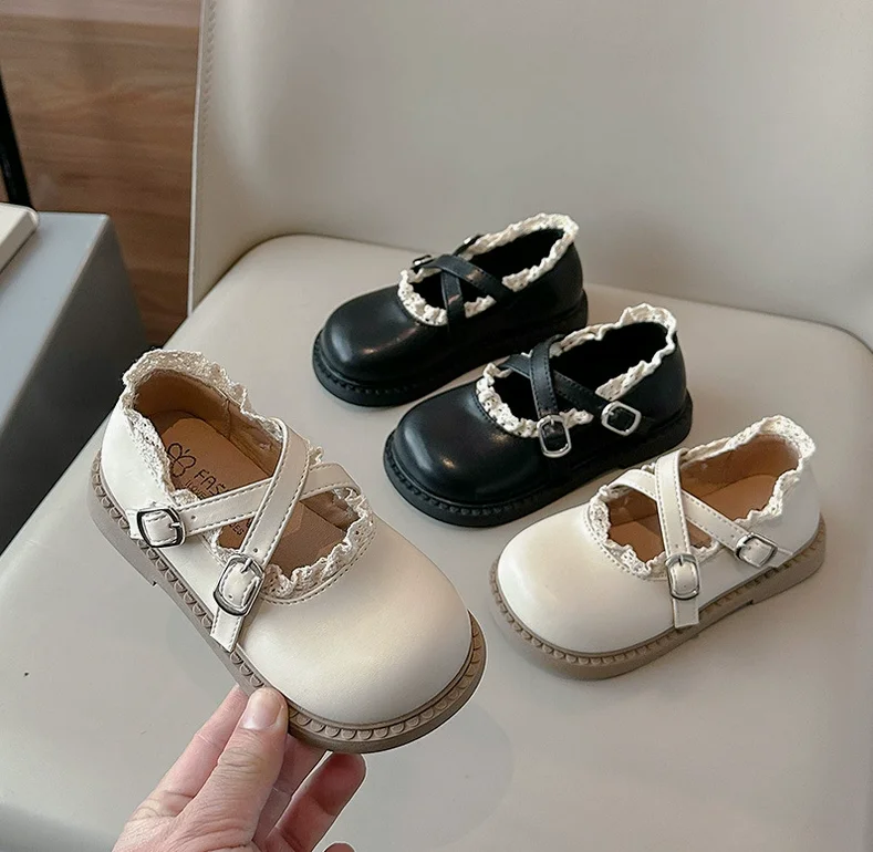 Sepatu Kulit Imitasi Anak-anak Sepatu Sekolah Musim Semi Ruffles Kecantikan Super Anak Perempuan Sepatu Pesta Ulang Tahun Putri Terikat Silang Anak