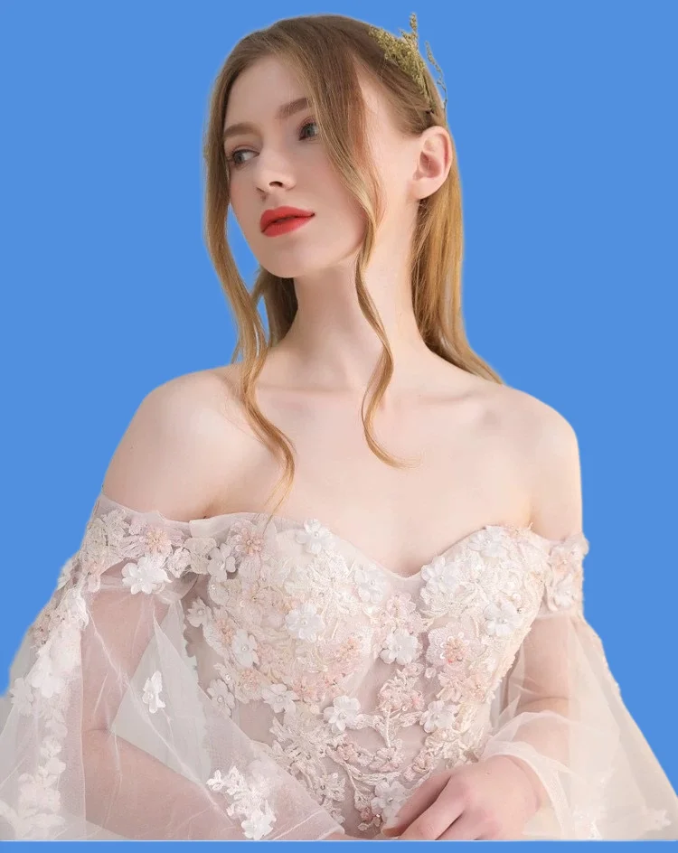 Ready Stock Wedding Dress 2024 New Lace One Shoulder Summer New Bridal Long-Sleeved Wedding Dress