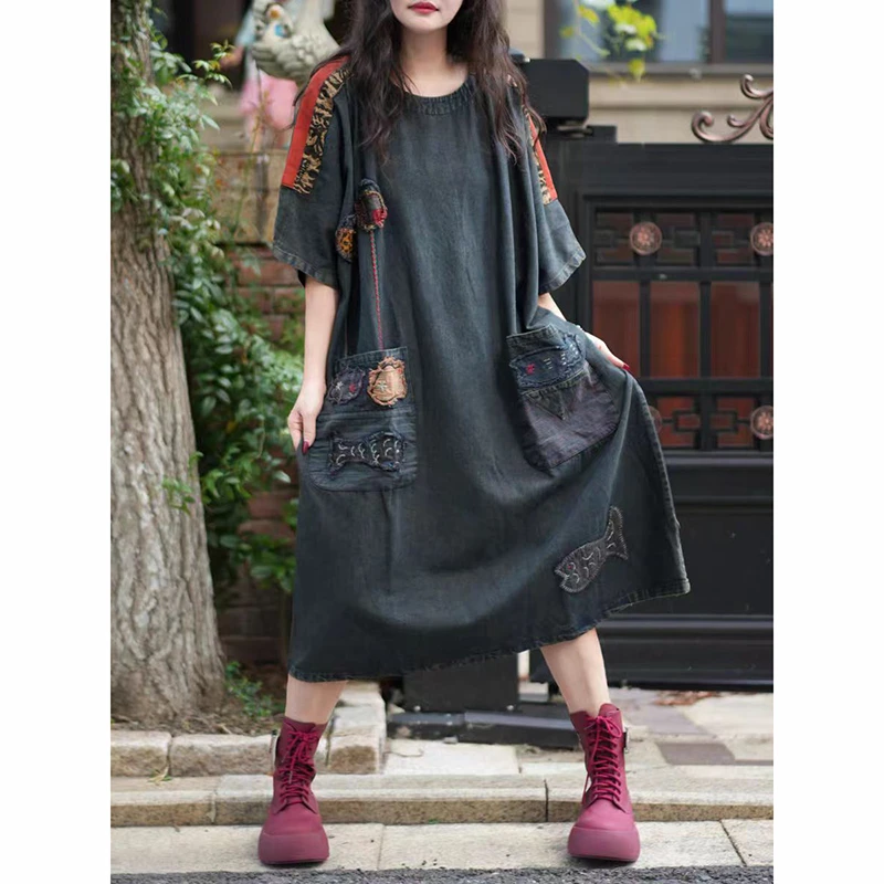 New Arrival Summer Arts Style Women O-neck Loose Long Dress Vintage Embroidery Double Pockets Cotton Denim A-line Dresses XT115
