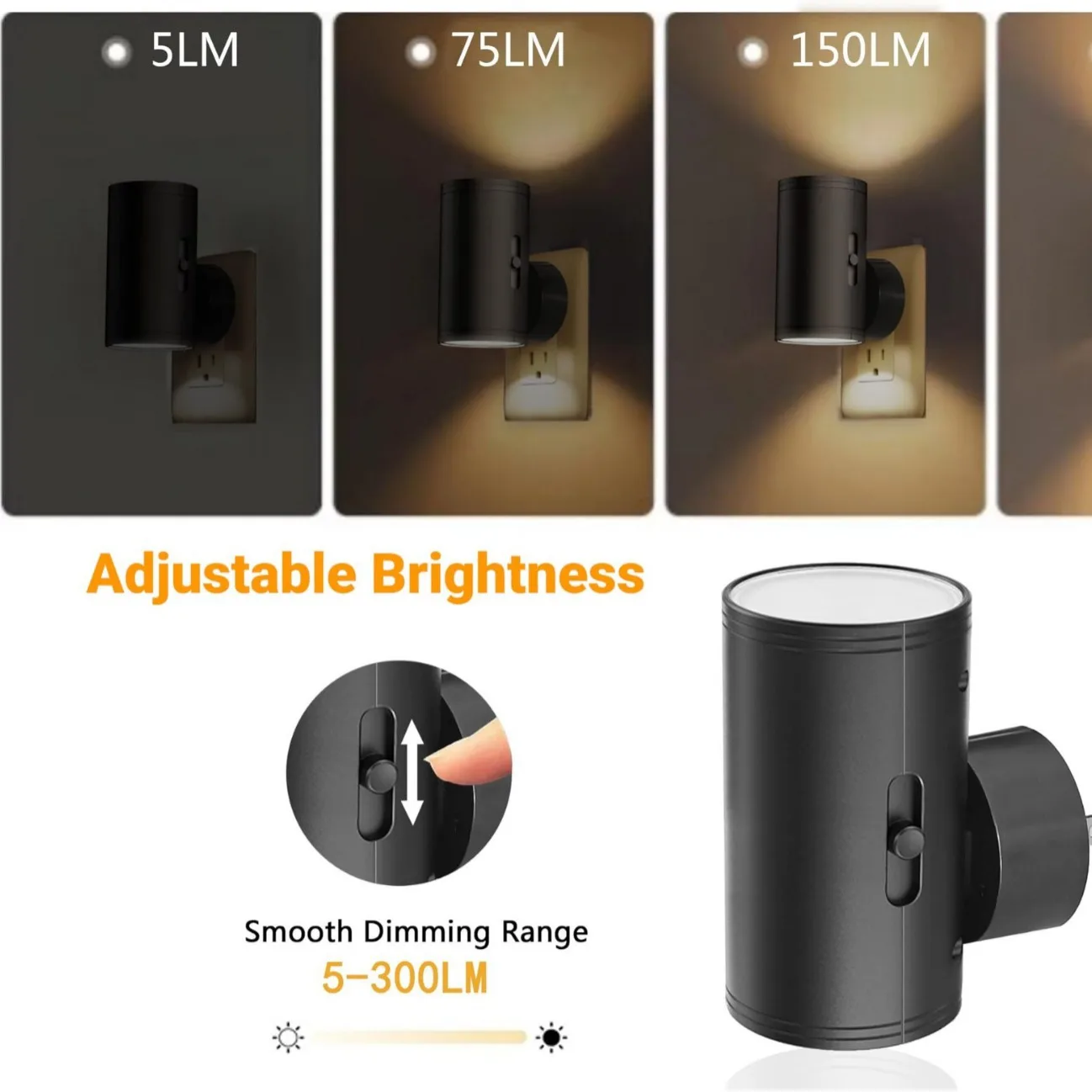 Adjustable LED Night Light with PIR Motion Sensor - Manual Brightness Control, Plug-in Wall Lamp for Hallway/Bedroom/Bathroom, Black