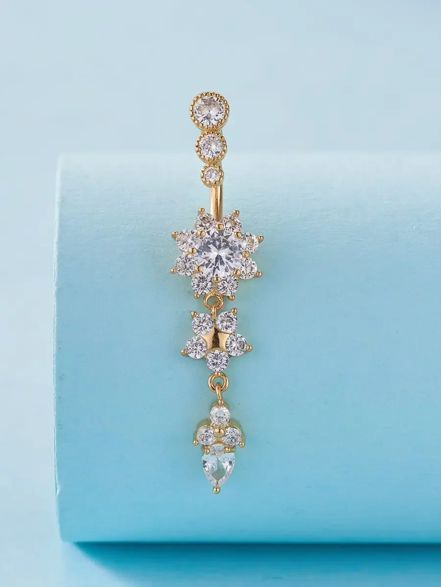 

Copper-Tone Rhinestone Floral Dangle Navel Ring For Adults, Punk-Inspired Body Jewelry Gift For Special Events
