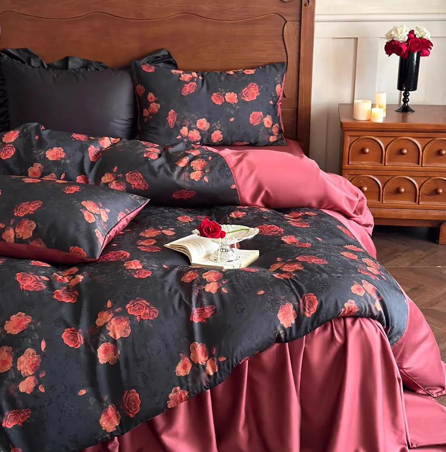 Retro sweet red flower rose bedding set,full queen king french romantic vintage home textile bed skirt pillow case duvet cover