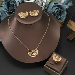 Hot Sale Sector-shaped geometric zircon Pendant necklace + earrings + ring Jewelry Set for Women Stainless Steel quality jewelry
