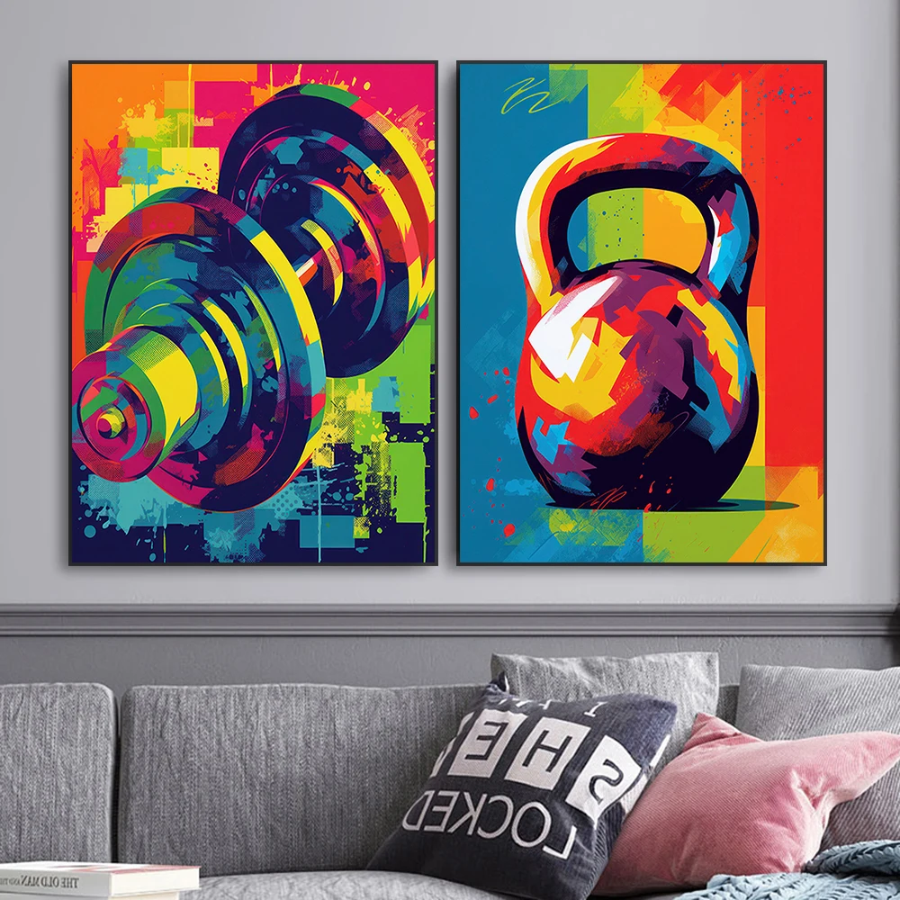 Graffiti Art Poster Sports Dumbbell Kettlebell Colorful Art Canvas Painting Fitness Pop Stree Wall Art Prints Gym Room Decor