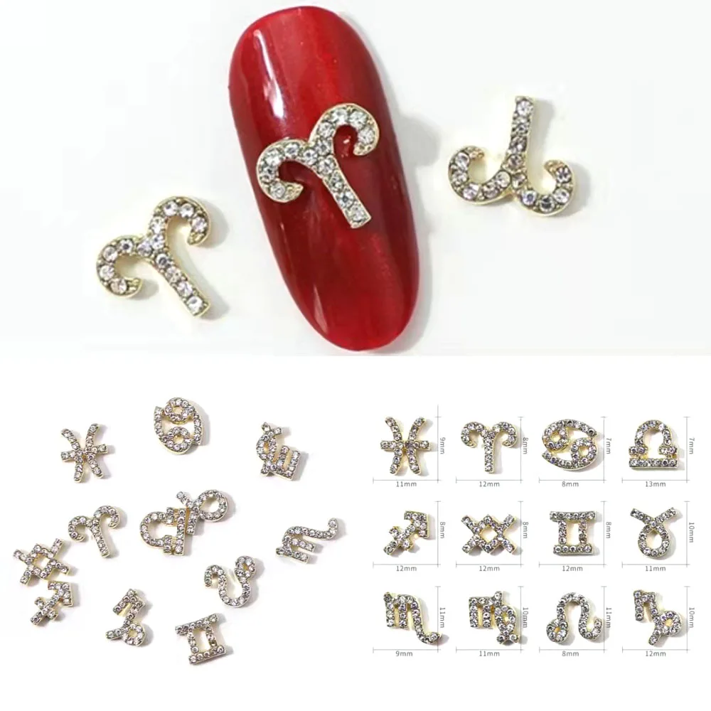 10pcs/lot Zircon Zodiac Alloy Nail Charms 12 Constellations Sign 3D Rhinestone Symbol Gold Flatback Nail Art Decorations Jewelry