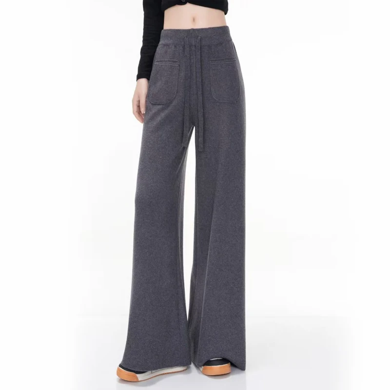 المرأة عالية الخصر واسعة الساق السراويل محبوك عارضة الطابق طول السراويل استرخاء صالح الخريف الشتاء كسول نمط