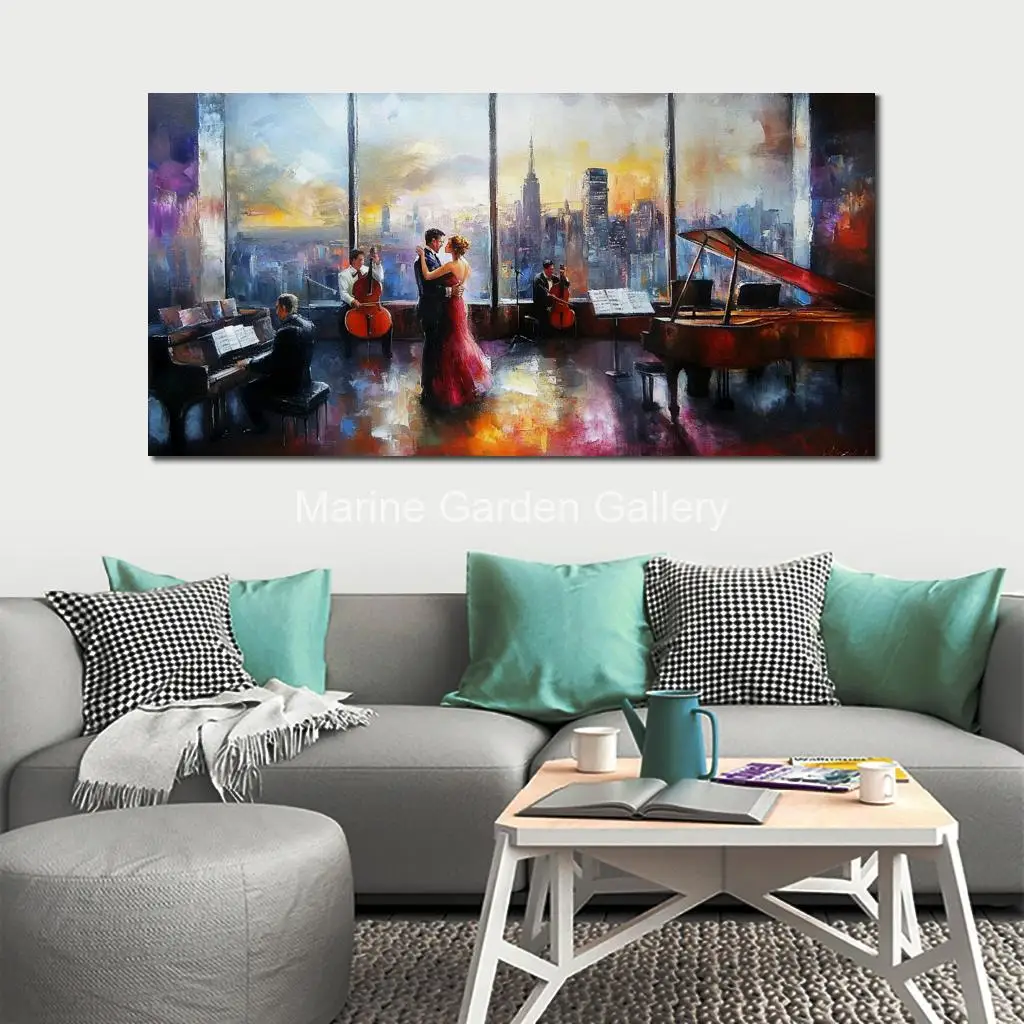 Large Canvas Art Oil Painting Handmade Cityscape Music Room Skyline Modern Artwork for Living Room Pub Bar Wall Decor Textured