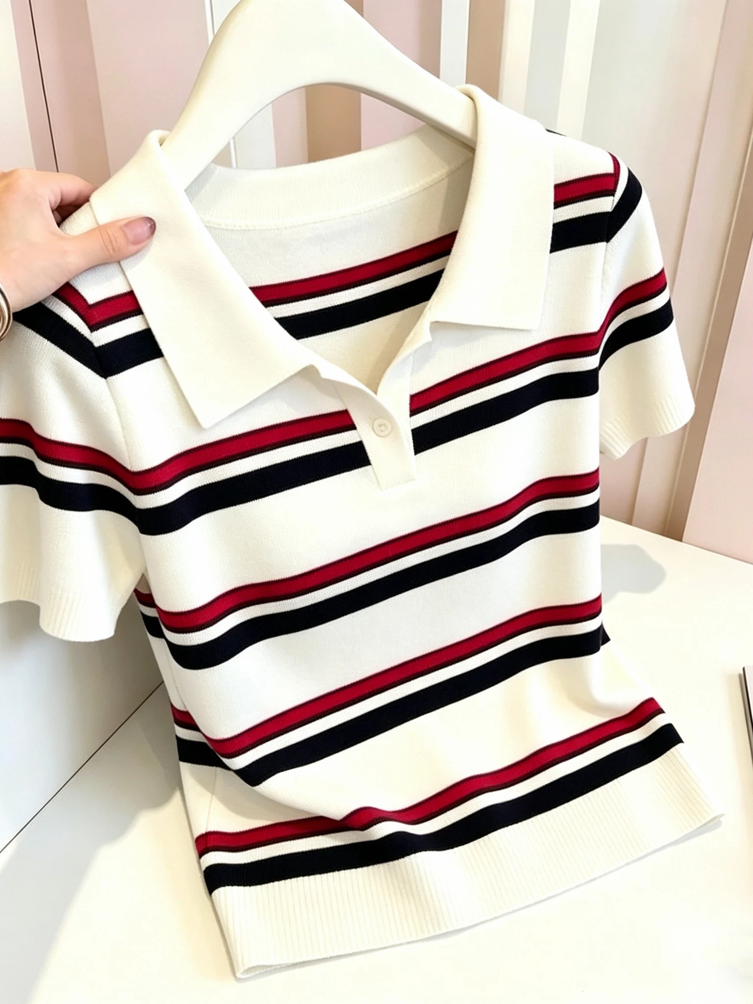 Summer Thin Ice Silk Knitted T-Shirt Loose Fit Casual Stripe  Neck Short Sleeve Women's Top Versatile Ages Reducing Shirt