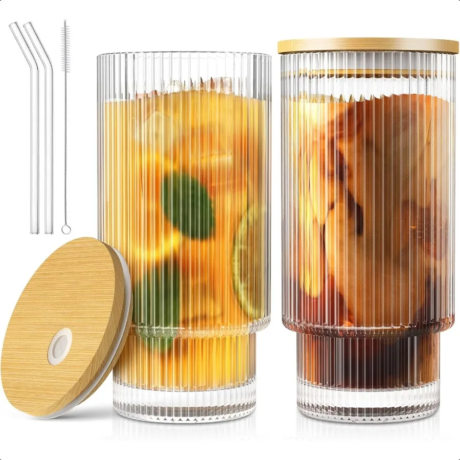 

16OZ Glass Cups with Lids and Straws Glassware for Whiskey Cocktail Beer Iced Coffee Cups with Lid Glass Tumbler with Straw an