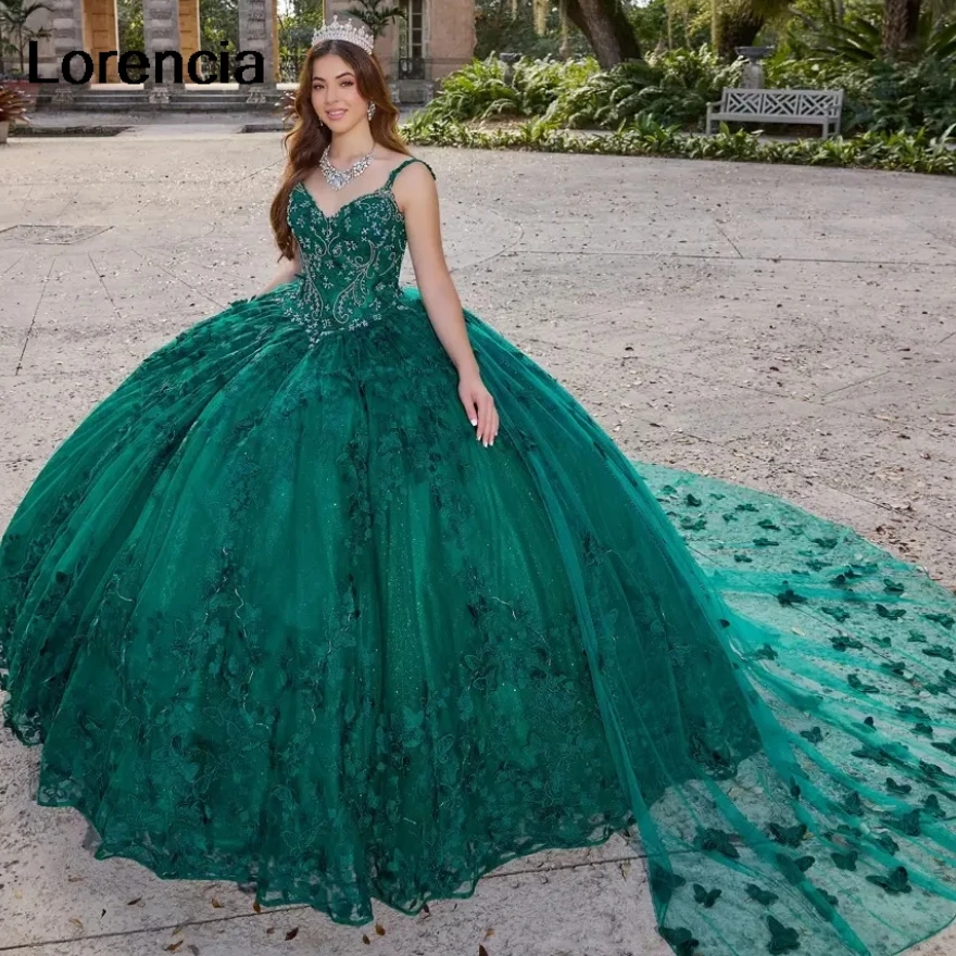 

Lorencia Emerald Green Quinceanera Dress Ball Gown Lace Applique Butterfly Beaded With Cape Sweet 16 Vestidos De 15 Años YQD785