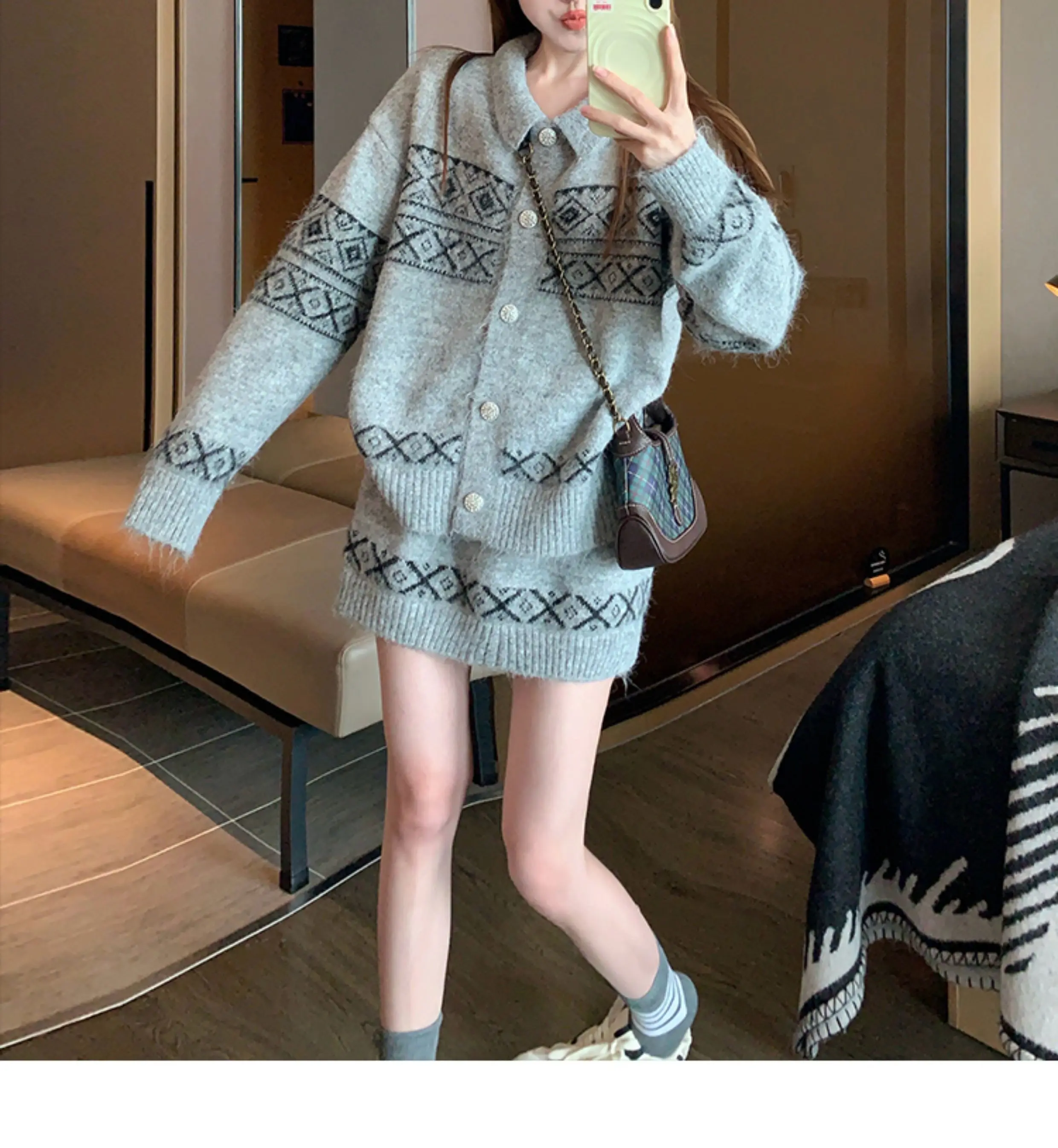 Set maglione jacquard con colletto polo donna 2025 nuovo autunno inverno stile accademico gonna vintage pigra in due pezzi