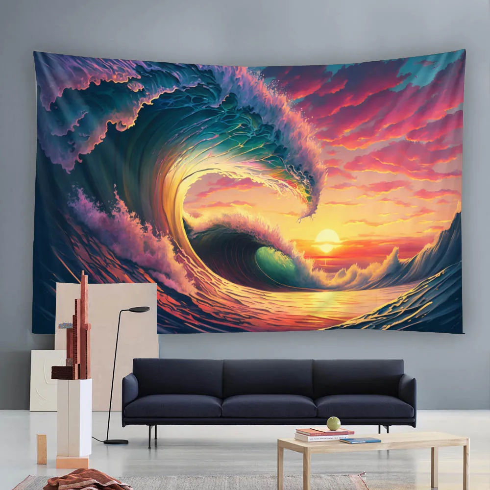 Vintage Wave Sunrise Wall Tapestry Polyester Fiber Machine Washable for Bedroom And Living Room Decor