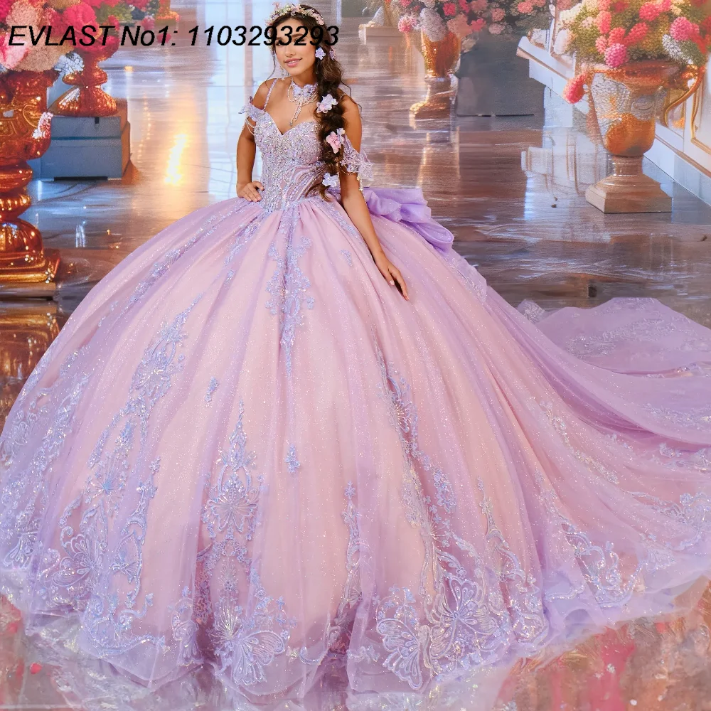 EVLAST Personalizzato Rosa Lucido Abito Quinceanera Abito di Sfera Oro Applique di Pizzo Che Borda Arco Corsetto Dolce 16 Vestido De 15 Anos E1Q88