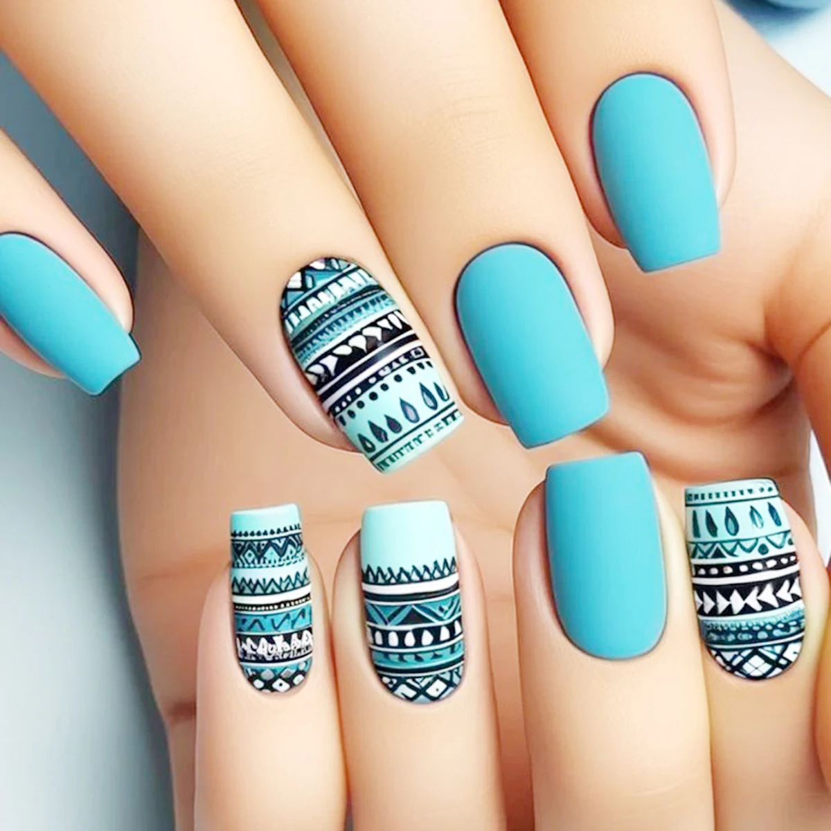 1/4 عبوة/96/24 قطعة من الأظافر المزيفة المربعة، تتميز بأنماط هندسية وتصاميم الطوطم في الأنسجة غير اللامعة مثل الأسود والأزرق، AR