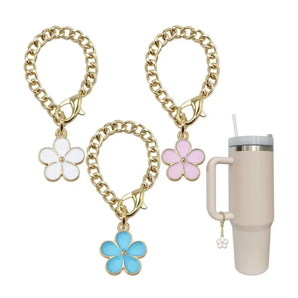 1Pcs Enamel Tags Cup Flower Charm Chain Decorative Pink Blue White Bottle Decoration Pandant Flower Charms Metal