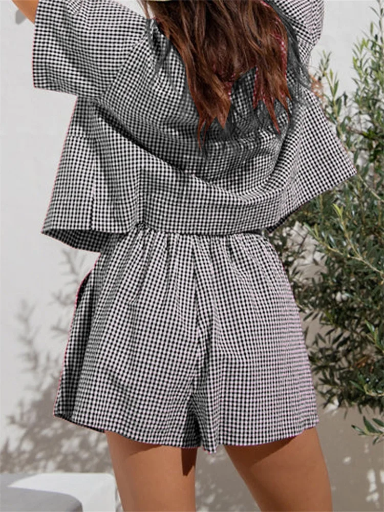 CHRONSTYLE Women 2 Pieces Plaid Print Outfits Short Sleeve Front Lace-up T-shirts Tops Shorts Sets with Pockets Streetwear 2024