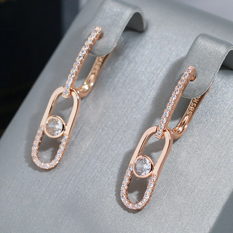 Wbmqda Unique Geometric Drop Earrings For Women 585 Rose Gold Color With White Natural Zircon Daily Party Fashion Jewelry