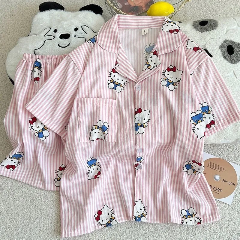

Женский пижамный комплект с рисунком Sanrio Hello Kitty, шорты с короткими рукавами, летняя розовая, белая полосатая домашняя одежда, студенческая одежда для сна, костюм
